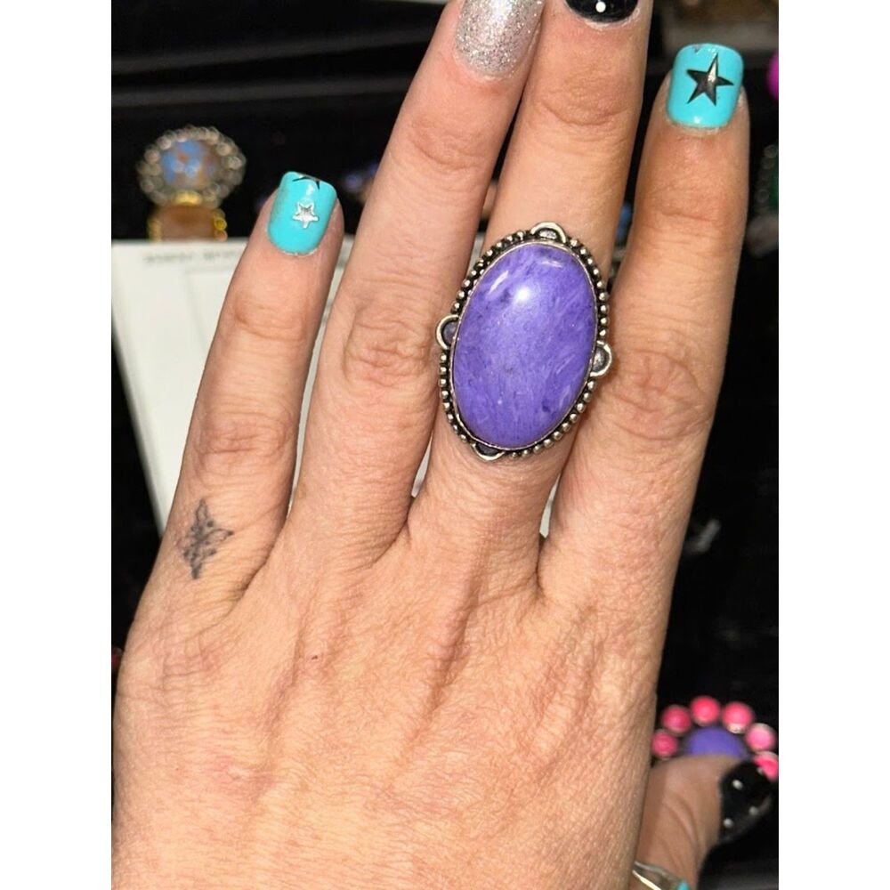 Oval Purple Charoite Sterling Silver Overlay Ring Size 10